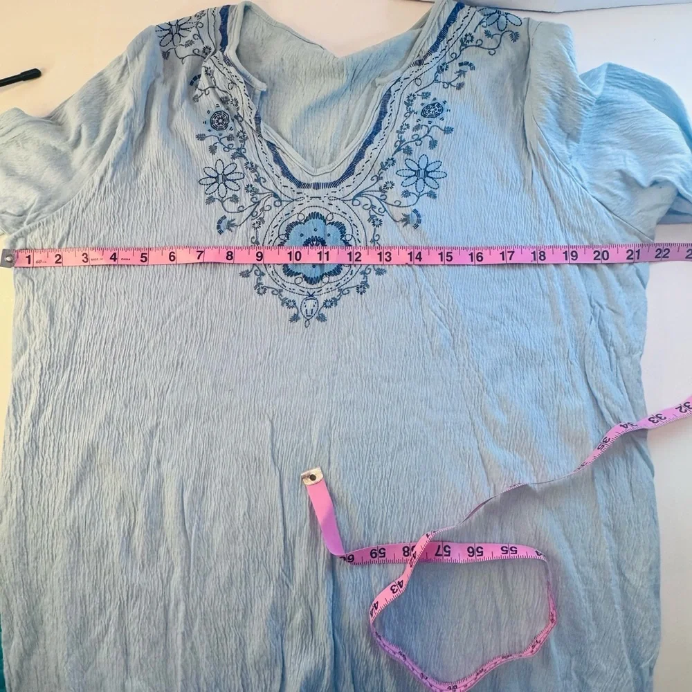 Embroidered Boho Peasant Top | Light Aqua Blue | Floral Detail | Size L - Picture 7 of 9